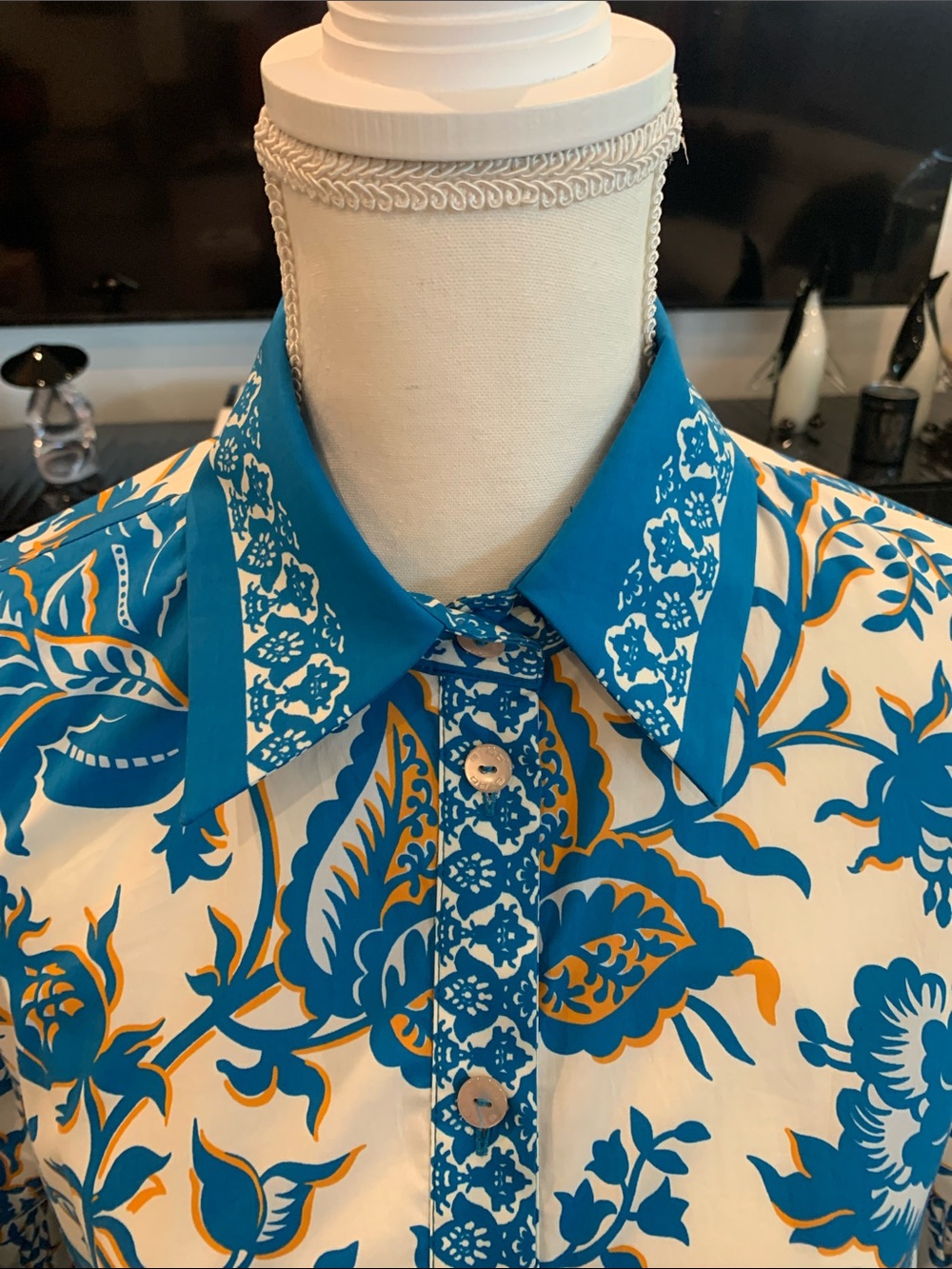 Etro Blue and White Floral Print Dress with orange accents. Worn once. Size 44 - Picture 5 of 10
